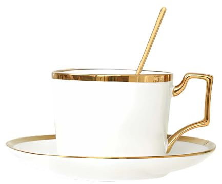 YUBAOLI Kaffeetasse aus Keramik, Becher, Kaffeetasse und Untertasse, Teetassen mit Goldrand und Löffel, Kaffeetassen aus Porzellan im europäischen Stil, 250 ml