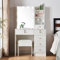 Vanity Set with Lights & Mirror, White Modern Makeup Vanity Dressing Table with 10 LED Lights & 5 Drawers, Vanity Desk with Cushioned Stool Set for Bedroom