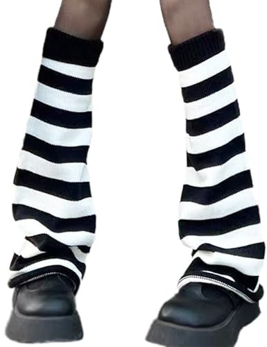 AQOKKA Y2K Beinstulpen für Damen, Kawaii-Beinstulpen, Harajuku, lange Beinstulpen, Abdeckung, Gothic, Lolita, Winterzubehör, 1 Paar: schwarz-weiße Streifen, Einheitsgröße