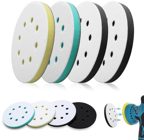 Raheem 4 PCS Soft Sponge Interface Pads 125mm Soft Foam Sanding Pads for 5 Inch Orbital Sanders, 8 Holes, Hook and Loop Ideal for Drills and Sanders, Impact Resistant, Low Noise(Green, Yellow, Black)
