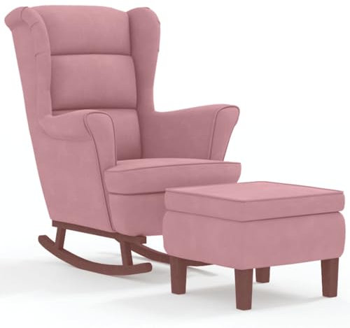 Hommdiy Schaukelsessel und Hocker mit Holzbeinen Samt,Sessel mit Hocker, Relaxsessel, Relaxstuhl,Schaukelsessel, Relaxsessel mit Hocker,Stuhl Rosa,Mit Fußablage