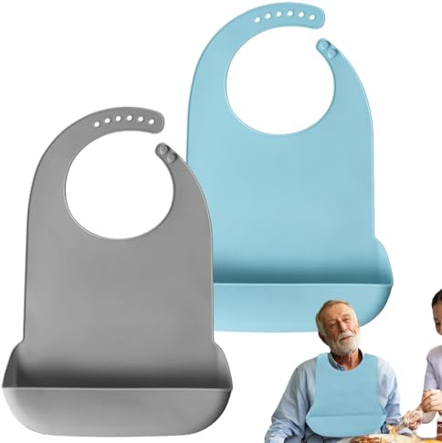 Lot de 2 Bavoirs Lavables en Silicone, Bavoir Adulte Silicone Lavables avec Bac de Récupération ImperméAbles Bavoir Réglable pour Adultes et Personnes âgées (L)