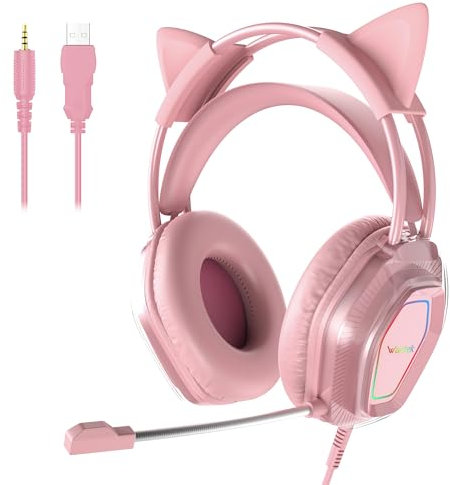 Wantek Cute Cat-Ear Gaming Headset - 50mm Drivers, Noise-Cancelling Mic, 3.5mm Wired Stylish & Lightweight Design for Xbox Ps4&5 (Pink)