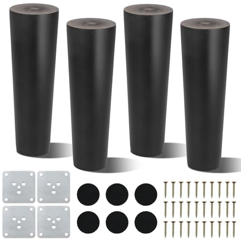 AWBEOT 4 Pcs Möbelfüße Holz Tischbeine 15 cm Möbelbeine Rund Massivholz Holzbeine für Möbel Schrankfüße Konisch Ersatz Sofafüße mit Montageplatten,Schrauben,Filzgleiter,für Bett,Ottomane,Stuhl,Schwarz