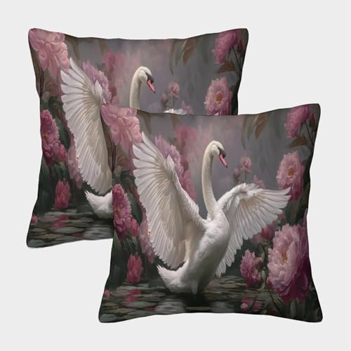 kaiyun Cisne Blanco con Alas Desplegadas Estampada,Rosa Peony Funda De Cojín 40x40cm 2 Paquetes con Cerniera Invisibile Decorativo