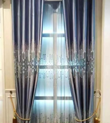 Musihy Thermovorhang Hitzeschutz, 150x270cm Stickmuster Wärmeisolierte energiesparende Stange Tasche Fensterbehandlung Vorhänge Verdunkelungsvorhänge aus Polyester, Blau
