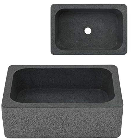 Lavandino in Pietra di Fiume Fatto a Mano per Bagno o Toilette, Design Robusto, Aspetto Rustico, 45 x 30 x 15 cm, Nero