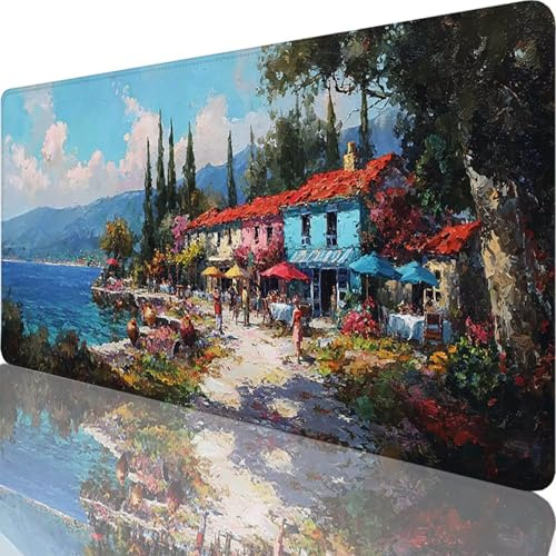 Blue Mouse Mat 800 x 400 x 4 mm Large Gaming Mouse Pad Small Town Desk Mat with Stitched Edges, Mousepad Non Slip Rubber Base, Waterproof Soft Desk Pad, Pc Accessories for Office Decor, Gifts l-1992