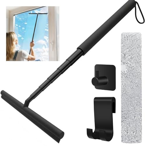 Lavavetri Con Manico Telescopico 146cm, Kit Pulizia Vetrate Con Tergivetro in Silicone e Microfibra, Tergivetro Professionale, Tira Acqua per Vetri, Finestre Alte per Vetro Bagno Auto Doccia Finestre