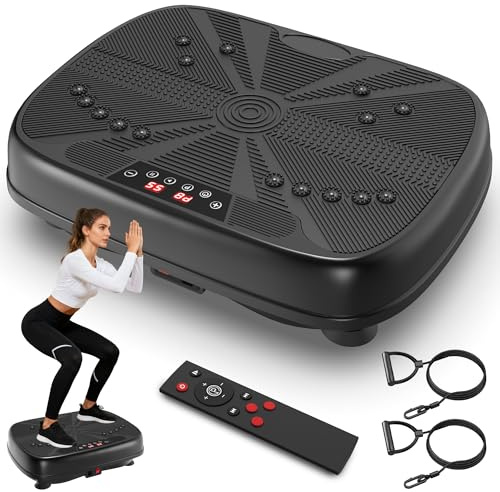 Plaque vibrante pour la maison - 99 intensités de vibration et 10 programmes d'entraînement, appareil de fitness complet du corps avec 2 bandes de fitness pour tonifier les muscles, perte de graisse