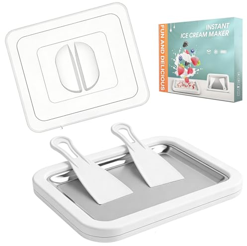Rolled Ice Cream Maker Tray with Lid and 2 Scrapers, 304 Stainless Steel Ice Cream Roll Pan, 10.2 x 8.3 x 1.3 Inch Manual Instant Frozen Dessert Maker for DIY Ice Cream, Yogurt, Sorbet, Family Fun