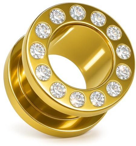 PIERCINGO® Flesh-Tunnel Zirkonia-Kristall1.2–20mm CHIRURGENSTAHL 316L EDEL-STAHL Tunnel-Piercing Ohr-Stecker Double-Flared Schraub-Gewinde Strass-Stein Weiß Klar (Gold Gelbgold, 8mm)