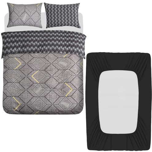 Lazzaro 4 Pcs King Size Duvet Cover Sets with Matching Black King Size Fitted Sheets 40 cm Extra Deep Pocket - Premium Microfibre Reversible Quilt Cover Bedding Set For All Seasons