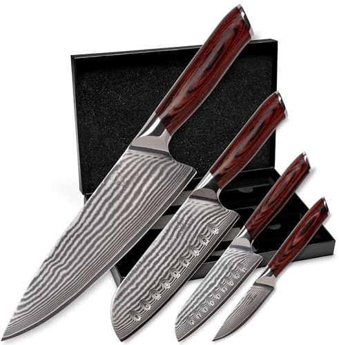 Wolfblood 4er Damastmesser Set 32/30/24/21cm | Echter 67 Lagen Damaststahl | 62±2 HRC TÜV-geprüfter, optimierter VG-10 Stahl | Damast Küchenmesser Set | Chef & Santokumesser, Klingenschutz & Geschenkbox