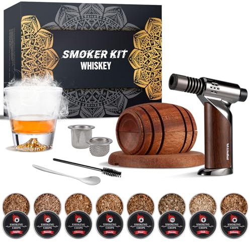 Cocktail Smoker Kit with Torch Whiskey Smoker Kit with 8 Flavors Smoked Wood Chips - Old Fashioned Drink Smoker Kit with Torch Whiskey Making Accessories Infuse Cocktail Wine Meat (Brown)