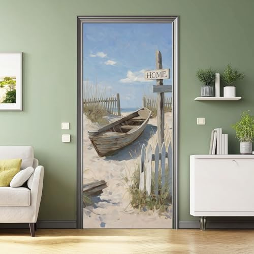 2 pegatinas autoadhesivas para puerta, 77x200 cm, Barcos De Madera Antiguos Y Ruinosos, murales para puerta, pegatinas de pared para puerta de PVC, papel pintado extraíble, Blanco
