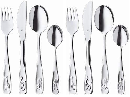 WMF Animales - Cubertería para niños 4 piezas (tenedor, cuchillo de mesa, cuchara y cuchara pequeña) WMF Kids infantil Acero Inoxidable Cromargan Apto para lavavajillas (Paquete de 2)