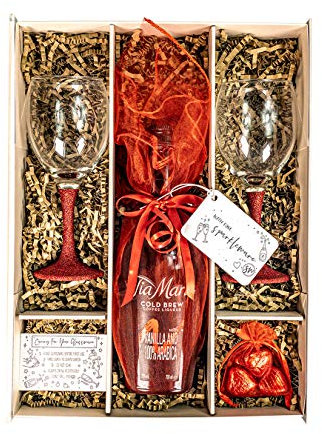 Tia Maria Coffee Liqueur 70cl Gift Set Hamper With 2 Sparkling Red Wine Glasses, Belgian Chocolates and Gift Box - Gift For Coffee Liqueur Lover, Him and Her (Sparkling Stems)