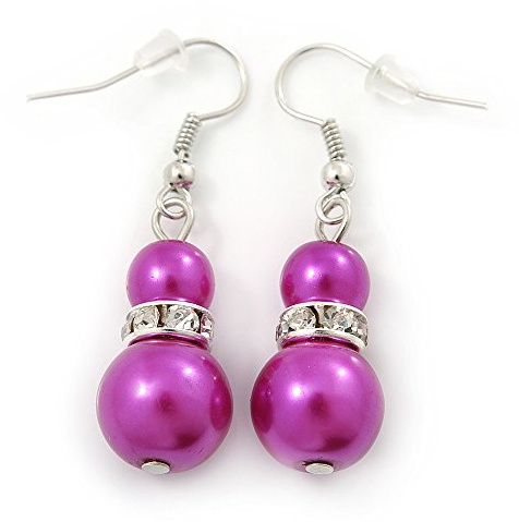 Fuchsia Simulated Pearl Crystal Drop Earrings/Silver Tone/ 40mm L