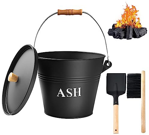 Seau à cendres avec couvercle, pelle et balai à main, seau en métal de 3,8 l, base renforcée et cendrier, foyer, poêle à bois pour cheminée, ensemble d'outils en fer galvanisé