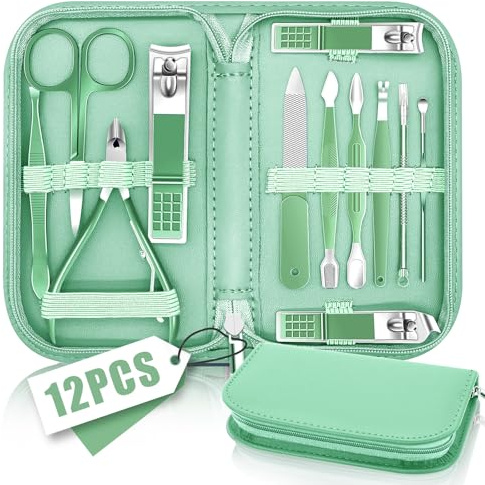 Nail Clipper Manicure Set, Manicure Pedicure Kit Professional, Travel Manicure Set for Women Men, Manicure & Pedicure Tools & Accessories, Nail Care Tool with Green Leather Travel Bag, Set 12 in 1