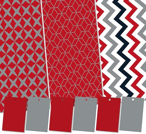 Papel de regalo. Forma geométrica roja. Paquete de tres diseños. 6 hojas XL (50 x 70 cm), 2 de cada diseño. Papel de regalo con etiquetas a juego. Cuadrícula de corte en el reverso. Por Absolutely