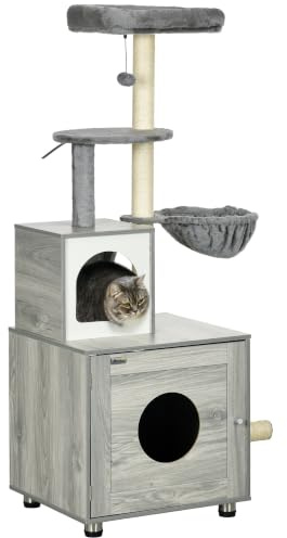PawHut Caja de Arena para Gatos, con casa para Gatos, Cama, Postes rascadores, Plataforma
