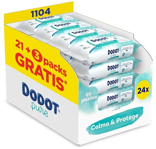 Dodot Toallitas Pure Calma & Protege Para Bebé, 1104 Toallitas (24 Pack De 46 Unidades), Ayuda a restaurar el pH natural de la piel, 99% Agua, Sin plástico