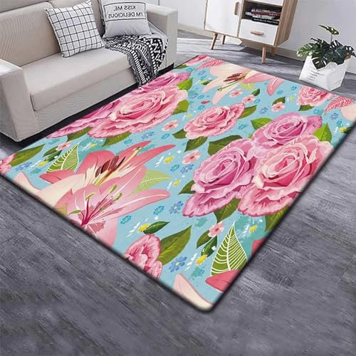 Teppich Läufer Flur Rosa Pflanze, Rosenblüte 3D Küchenläufer Waschbar, Lange Korridor Teppich, Für Flurtreppen Schlafzimmer,Rutschfest Schallschutz Türmatte Mit 200 X 300 Cm - Leicht Zu Reinig -4J3E7F