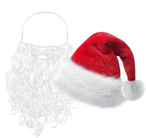 Weihnachtsmütze und Bart - Nikolausmütze mit angenähtem Bart - Unisex Nikolausmütze Weihnachtsmützen - Weihnachtsmann Verkleidung Zubehör - Festliches Kostüm Accessoires für Erwachsene Frauen Männer