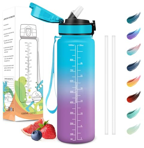 Motswedi Gourde Sport, 1000ml Anti-Fuite, Gourde avec Paille, sans BPA, Gourde Paille, Réutilisable, Gourde, Facile à Transporter, Bouteille d'eau pour Yoga, Camping, Cyclisme, Fitness, Bleu Violet