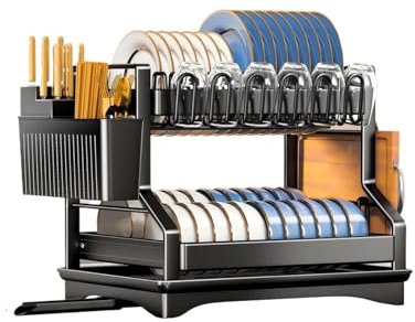 Scolapiatti Multifunzionale Scolapiatti da cucina a 2 livelli con cestello di scarico, portaoggetti per stoviglie da banco, bacchette, coltelli, bicchieri d'acqua(Black)