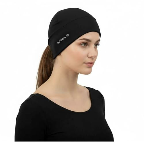 WRELS Bonnet Thermique de Course à Pied avec Cache-Oreilles – Chapeau d'hiver pour Homme et Femme, Doublure de Casque Coupe-Vent, Design Queue de Cheval pour Femme, Bonnet athlétique pour Temps Froid