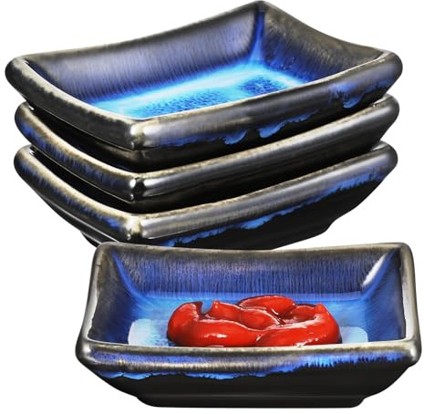 Healifty Lot de 4 Bols à Trempette en Céramique 9 Cm Bleu Émaillé, Plats à Condiments Japonerie, Assiettes Accompagnement, Usage Apéritif et Sauces, Service Polyvalent