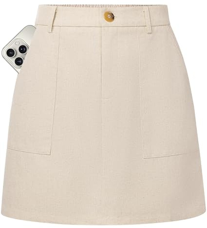 Kate Kasin Womens Mini Skort Dressy Casual, High Waist Linen Short Skirts with Shorts Underneath, Lightweight Business Casual Outfits L Beige