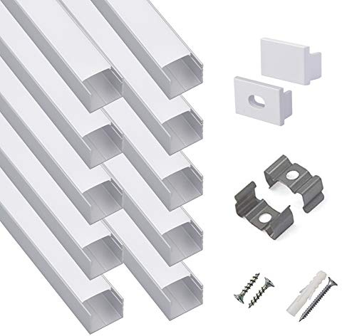 hunhun 10-Pack 6.6ft/ 2Meter Plus-Size U Shape LED Aluminum Channel System with Milky Cover, End Caps and Mounting Clips, Aluminum Profile for LED Strip Light, Special for Philips Hue Strip