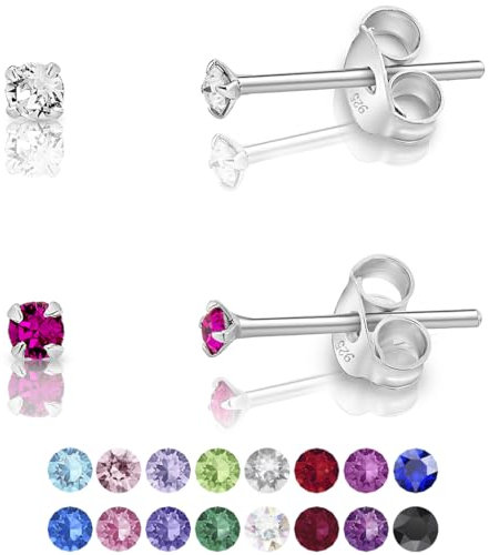 DTPsilver - 2 Paar WINZIGE Ohrringe 925 Sterling Silber mit Kristallen von Swarovski® Elements Runde Sehr KLEINE Ohrstecker - Durchmesser 2 mm - Farbe : klare Kristalle + Fuchsie