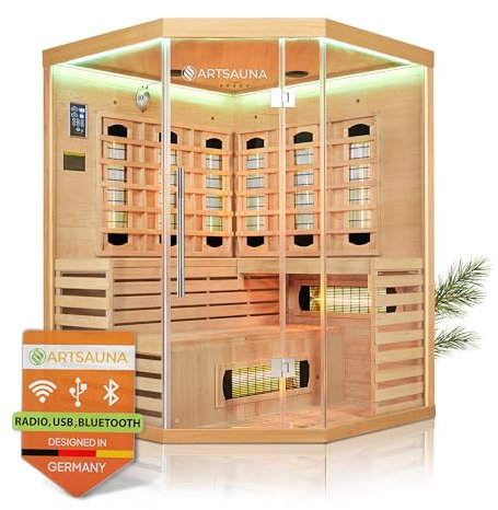 Artsauna Infrarotkabine Kiruna150 mit 8 Vollspektrum- & 1 Flächenstrahler, 3 Personen, 150 x 150 cm, LED Farblicht & Glasfront, Infrarotsauna Sauna