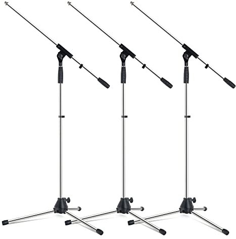 Pronomic Mikrofonständer MS-25C Pro 3x Set - dreibeinig mit Gummifüßen - Galgen in Länge und Neigung verstellbar - Robuste Klemmen und Schrauben - Inklusive Kabelklemmen und Reduziergewinde - Chrom