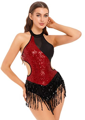 Jowowha Womens Sequin Fringe Leotard Latin Cha-Cha Dancewear Ballet Jazz Bodysuit Gymnastics Leotard Costume F0809#Burgundy S