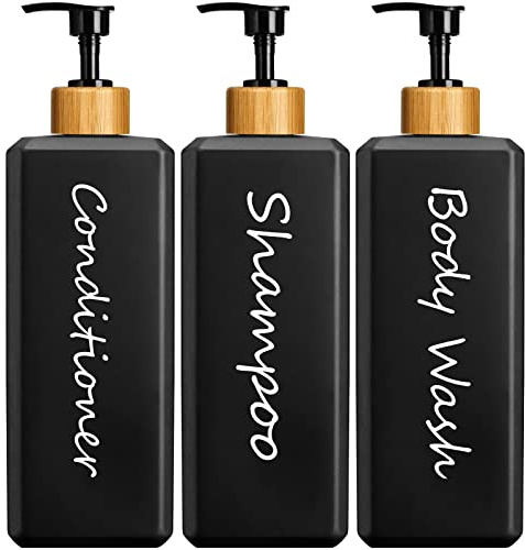 gmisun 3-Stück Shampoo Dispenser Set, 500ml Bambus-Look Kunststoff-Flaschen mit Pumpe, Nachfüllbar, Schwarz - Perfekt für Shampoo, Conditioner, Körperwäsche und Lotion
