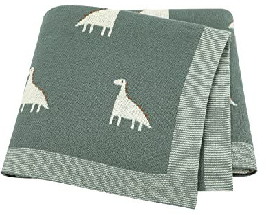 LAWKUL Baby Blanket 100% Cotton Knit Soft Breathable Blankets for Newborn Boy Girl, Dinosaur Green, Pram/Mose Basket(90x70cm)