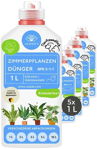 Bio Zimmerpflanzen Dünger flüssig 5 Liter (5x1L) - Konzentrat Dünger für Zimmerpflanzen - 100% Schnelldünger - Flüssigdünger für 200 Liter Gießwasser - Bio Dünger Zimmerpflanzen