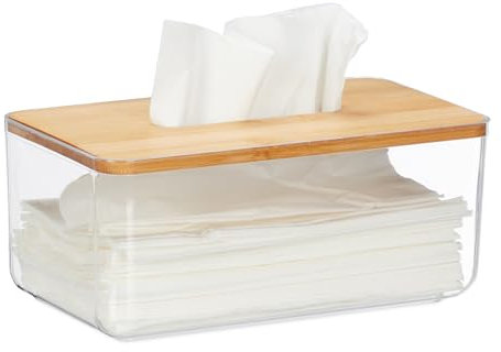 Relaxdays Tücherbox, Kunststoff & Bambus, Kosmetiktücher Box, eckige Tuchbox, HxBxT 10 x 23,5 x 13 cm, transparent/Natur