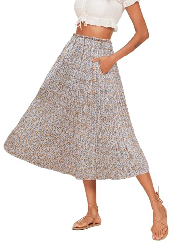 Hotouch Damkjol, lång, polka, prick, maxikjol, elastisk midja, chiffong, midikjol, sommar, elegant veckad kjol med fickor, S–XXL, Blomma B, L