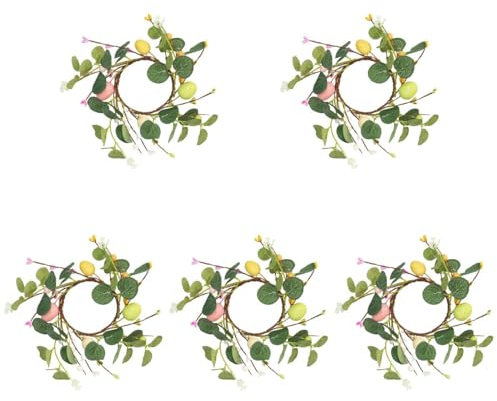 Luxshiny 5stücke Osterkerzenring Kunstblumenkranz Mit Eukalyptus Und Bunten Ostereiern Für Hochzeiten Partys Und Tischdekoration Fröhliche Frühlingsatmosphäre Für Zuhause Und Feste