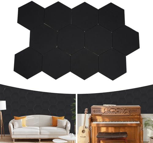 12 pannelli acustici esagonali, autoadesivi, assorbitori acustici, ad alta densità, protezione acustica, per studio, ufficio, soffitto, decorazione per la casa, trattamento acustico, 30 x 35 cm (nero)