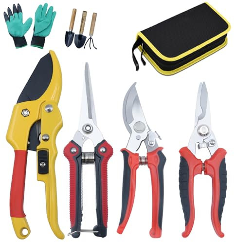 YALYAYA Pruning Shears Lot de 4 sécateurs de jardin avec sac de rangement Convient pour taille-haie de jardin avec lame en acier inoxydable pour plantes, fleurs, bonsa, fruits