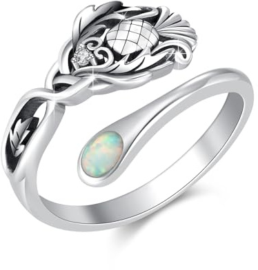 Waysles Scottish Thistle Ring 925 Sterling Silver Scottish Thistle Spoon Ring Adjustable Thumb Ring with Open Opal Scottish Thistle Jewelry Gift for Women Men