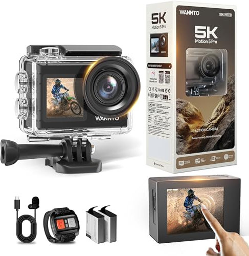 WANNTO Action Cam 5K 24MP Motion 5 Pro 40M Unterwasserkamera Ultra HD Touchscreen 170 ° Weitwinkel, EIS Stabilisierung mit Externem Mikrofon